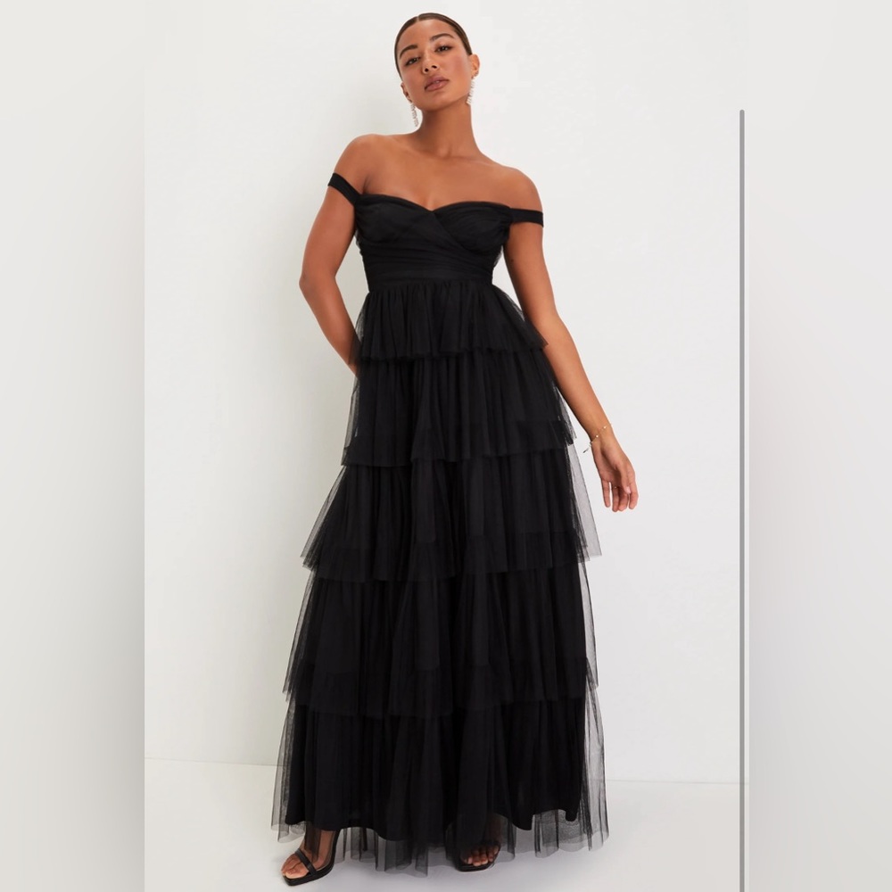 Flawless Presence Black Mesh Off-the-Shoulder Tiered Maxi Dress